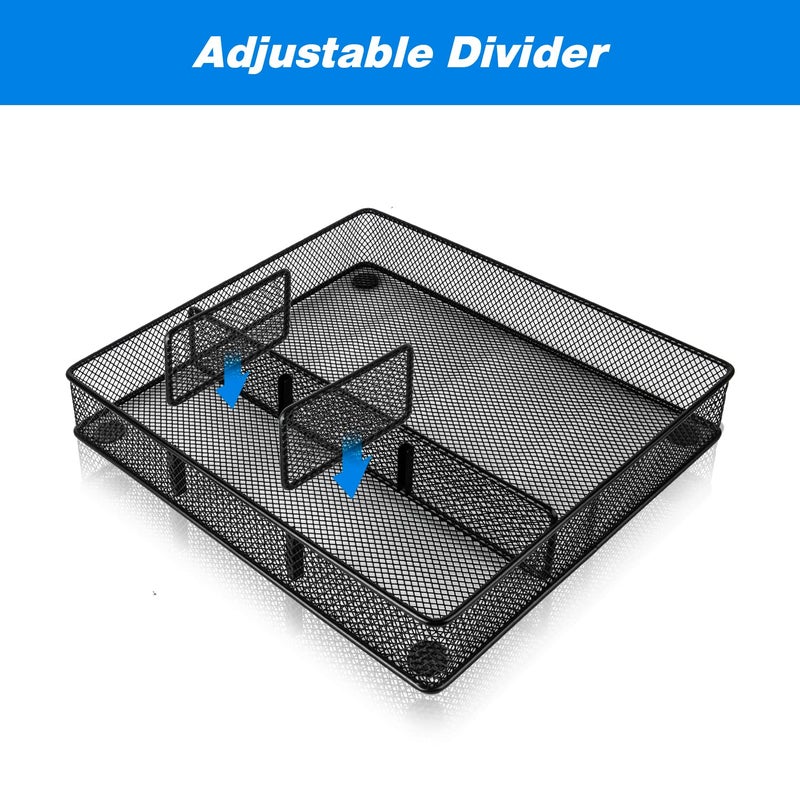 VyGrow Desk Drawer Organizer Tray, Metal Mesh Drawer Organizers Office, 4 Grid with Adjustable Compartment, Desk Organizer Tray for Home Office 12x10.6x1.9 inch Black, 2 Pack - Image 2